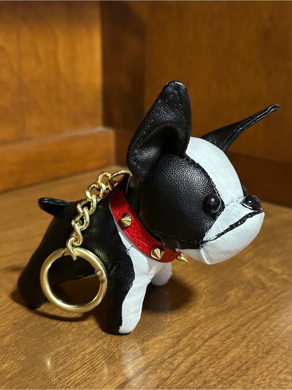 Hand painted Black & White Boston Terrier Keychain with Red Studded Collar